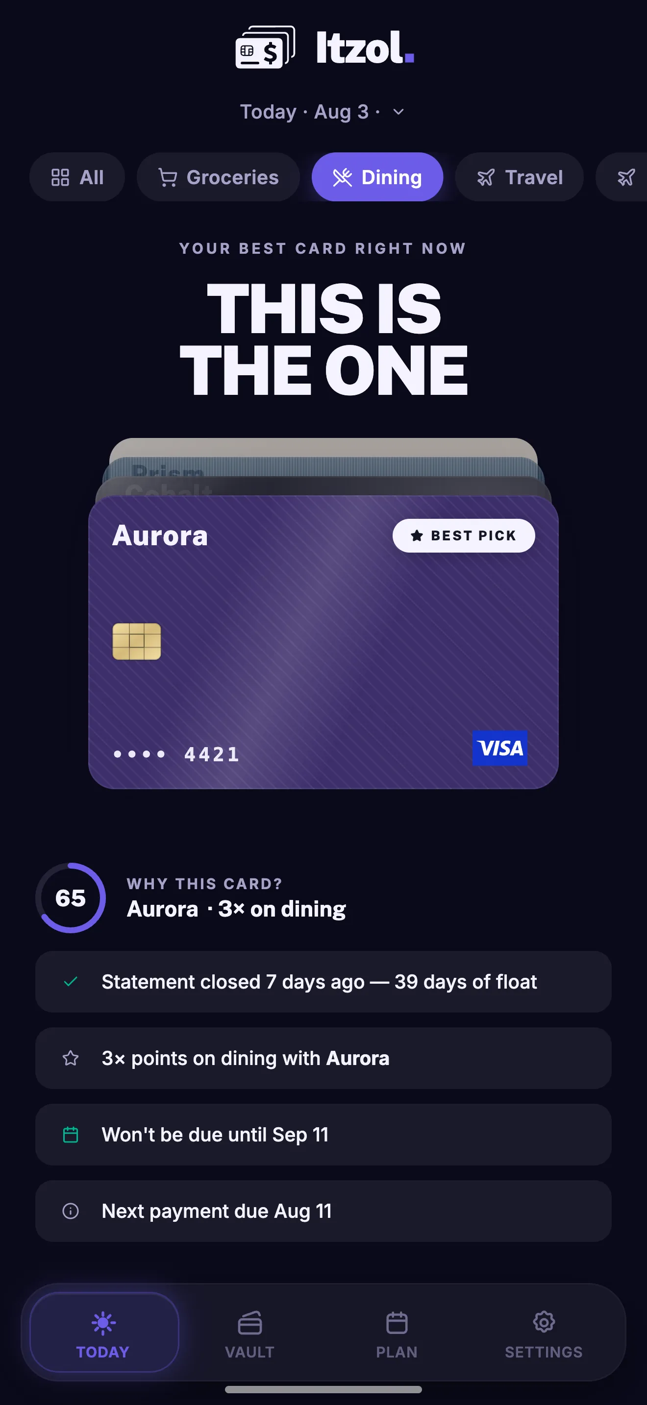 The Today deck re-ranked for dining, a different card rising to best pick with its reasons listed