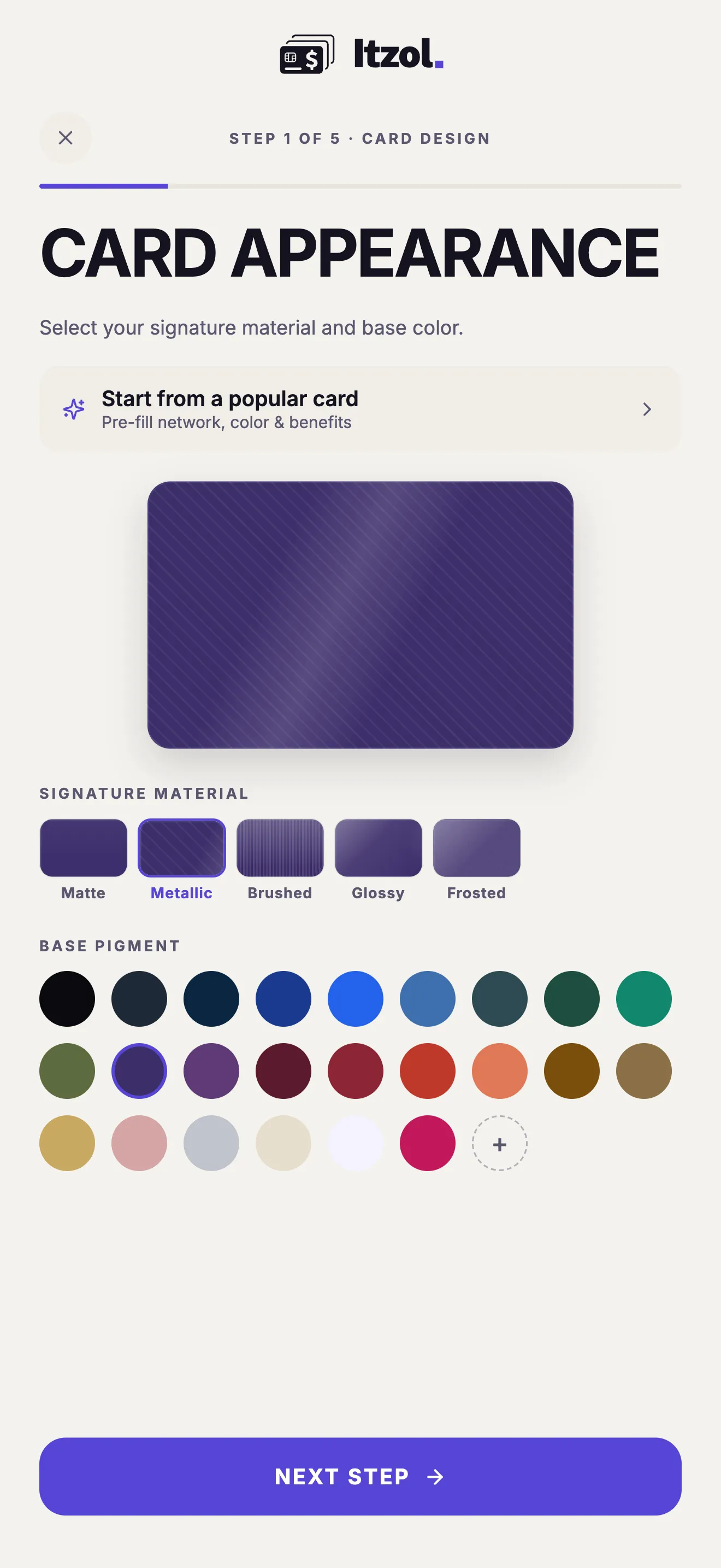 The Add Card wizard in light theme: choosing a material and color while the card materializes